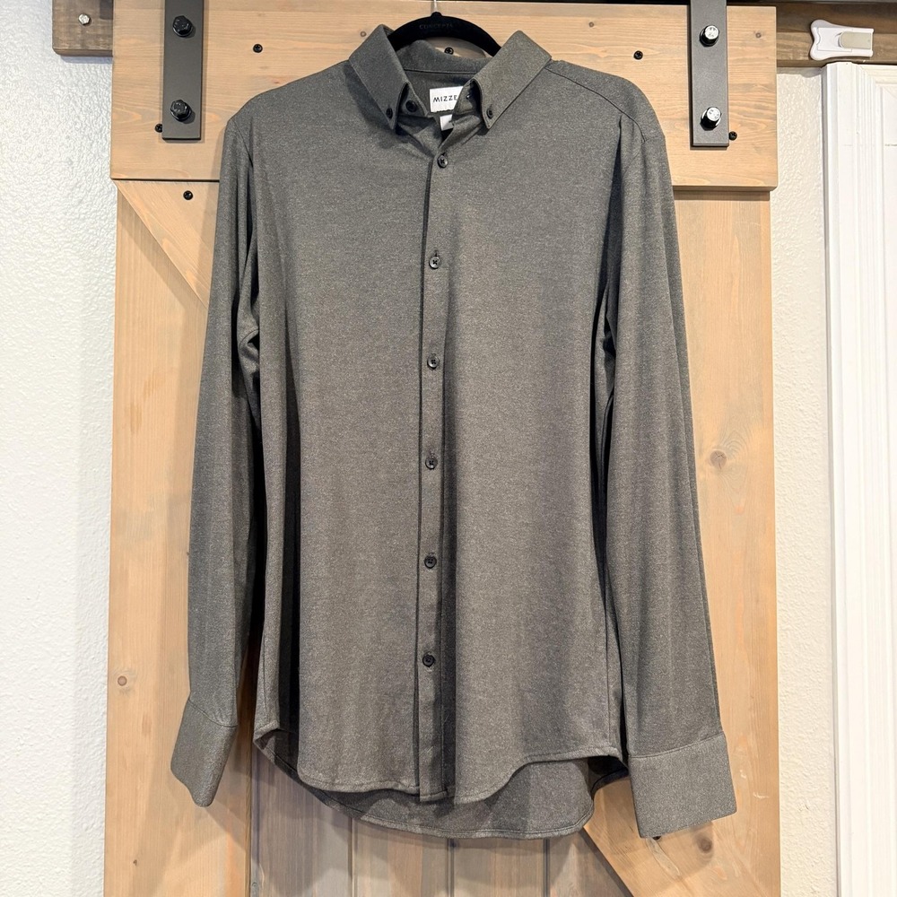Mizzen+Main Shirt Mens Medium Gray Solid Knit Long Sleeve Trim Fit Non Iron